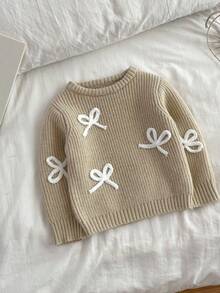 SHEIN Vintaside Kids 時尚百搭可愛蝴蝶結針織套頭毛衣，適合年輕女孩，秋季、仙女風、學校、返校季，淺棕色秋冬服飾 - 杏色 - 查看 6