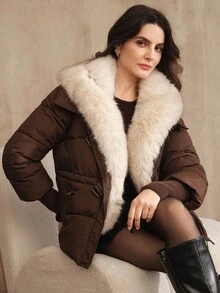 Anewsta Women's Elegant Faux Fur Collar Trim Cinched Waist Long Sleeve Zip-Up Padded Coat, Winter