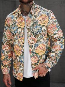 Manfinity CasualCool Men's Casual Jacquard Floral Woven Fabric Long Sleeve Shacket, Button Up, Boho , Fall - Multicolor - View 3