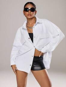 Jeanoix Women's Drop Shoulder Long Sleeve Single-Breasted Casual Loose Denim Jacket - White - View 6