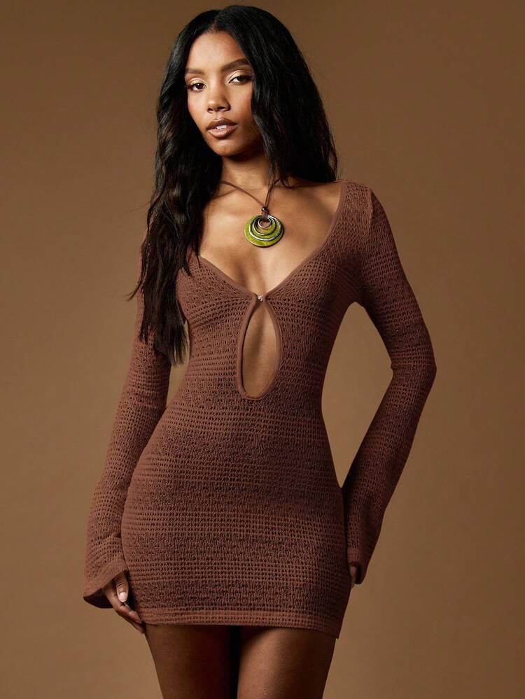 MISSGUIDED Long Bell Sleeve Knit Mini Dress V Neck Keyhole Front Party Fall Winter Evening Club Night Out Bodycon Sweater Dress