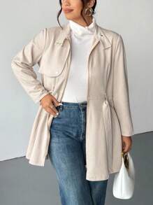 Firerie Plus Size Women's Cinched Waist A-Line Suede Fabric Beige Trench Coat, Loose Fit Midi Length Jacket; Suitable For Valentine's Day, Concerts, Performances, Dates, Formal Dinners, Galas, Weddings, Sexy, Elegant, Commute, Back To School, Romantic, Office Diva, Mermaid Style, Birthday Party/Slightly Elastic Waist Umbrella-Style Long-Sleeved Trench Coat Autumn Winter Clothes For Women