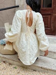 SHEIN Frenchy 女士优雅提花长袖迷你连衣裙 - 杏色 - 查看 2