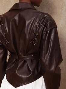 SHEIN Privé Áo khoác nữ VITNOS Thu Đông, thích hợp cho các buổi tụ họp, tiệc tùng, lễ hội, đi chơi, du lịch, mùa cưới, tiệc tùng, màu trơn, thắt nơ, thời trang, dáng ngắn, cổ shawl, màu nâu. - màu nâu - Xem 4