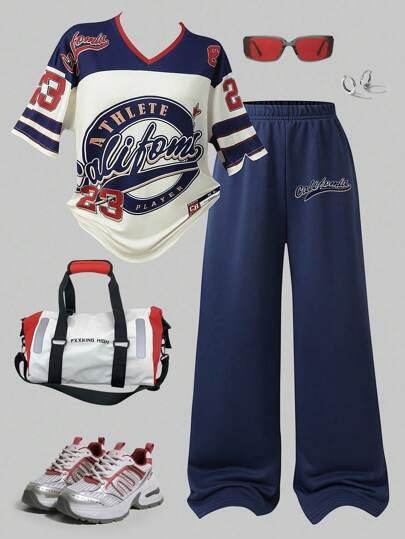 Sparklyn 2 件套青少年女孩 T 恤套装，街头时尚休闲时尚青少年数字和字母印花宽松短袖 T 恤上衣和宽松阔腿运动裤套装