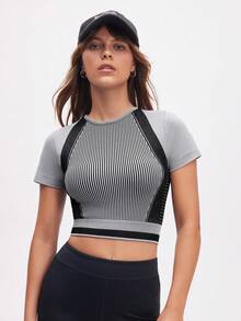 Eassivo Eassivo 女式条纹短袖短款修身休闲健身运动T恤 - 黑與白 - 查看 3