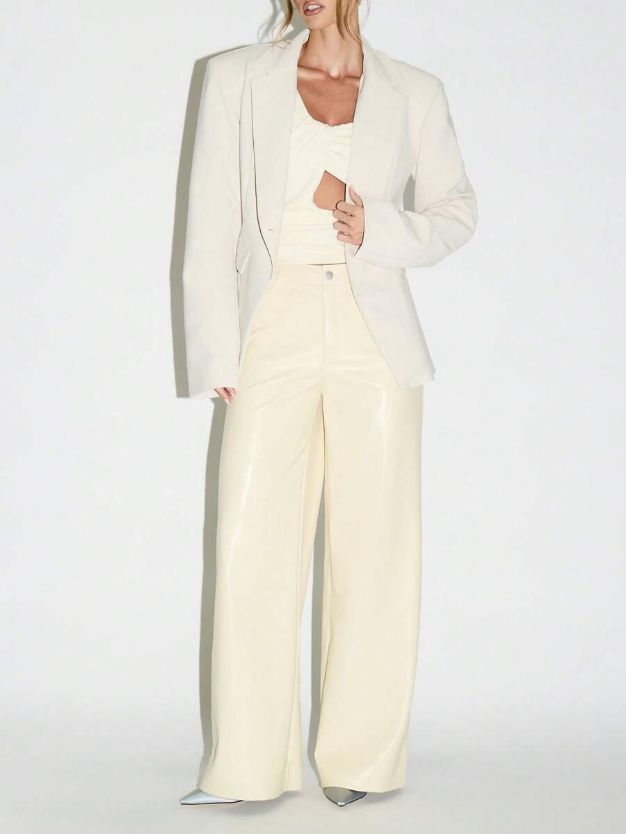KIZN Pantalones palazzo de patas anchas de piel sintética en color crema, de tiro alto con bolsillos laterales, perfectos para uso formal, profesional y de noche en otoño e invierno - Amarillo - Ver 1