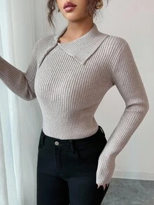 Elenzga Women's Oblique Button Collar Pullover Sweater Fall Winter Cloth For Women - Champagne - View 4
