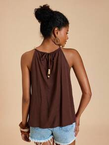 Travachic 女士串珠褶皱吊带露背上衣，棕色吊带上衣，休闲女装风格，秋季女装，时尚秋季，外出，优雅，乡村风格女装，棕色无袖上衣 - 杏色 - 查看 2