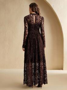 Anewsta 女士秋季立领长袖蕾丝优雅连衣裙，适合派对、婚礼 - 咖啡棕 - 查看 2