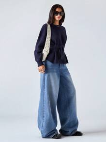 LYSMO 2025秋冬新款/女士纯色圆领落肩长袖腰带休闲毛衣/秋季女装/秋季女装/秋季上衣/冬季女装/返校季/返校季/返校季女装/校园上衣/返校节/万圣节/万圣节/万圣节女装/万圣节服装/万圣节服装/圣诞节/教师/外出女装/约会女装/外出上衣/商务休闲女装/哥特女装/基础款上衣/韩版/波西米亚风/Y2K/藏蓝色，女士毛衣 - 黑色 - 查看 3