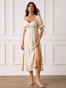 SHEIN Tall Women's French Summer Casual Linen Solid Backless Short Sleeve Dress Daily Wear Summer Outfits For Women Summer Dresses For Women Graduation Dress Vacation Outfits Women Beach Outfits For Woman Graduation Dresses For Women Vacation Outfits Woman Holiday Outfits Summer Outfits Graduation Outfit 4th Of July Western Wear Women Vacation Dress - Apricot - View 3