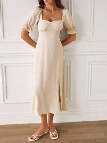 SHEIN Tall Women's French Summer Casual Linen Solid Backless Short Sleeve Dress Daily Wear Summer Outfits For Women Summer Dresses For Women Graduation Dress Vacation Outfits Women Beach Outfits For Woman Graduation Dresses For Women Vacation Outfits Woman Holiday Outfits Summer Outfits Graduation Outfit 4th Of July Western Wear Women Vacation Dress - Apricot - View 7