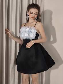 Poshira 女士黑色花朵缀饰露肩 A 字短款鸡尾酒会礼服 - 黑色 - 查看 7