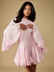 MISSGUIDED Bell Sleeve Button Front Mini Dress Ruffled Hem Fit And Flare Party Holiday Formal Wedding Guest Special Occasion Vintage Victorian Style - Pink - View 5