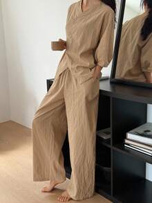 DAZY 女士简约纹理面料家居服套装睡衣 - 駝色 - 查看 3