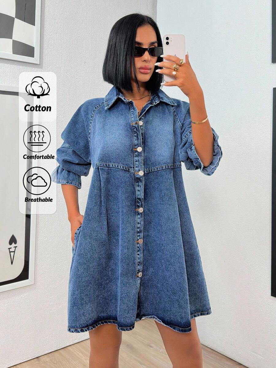 Women's Front Button Long Sleeve Simple Short Casual Dress - Medium Wash - View 1