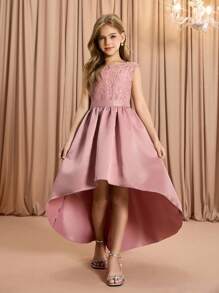 Tween Girls' Elegant Luxurious Pink Round Neck Midi Dress, Suitable For Party, Banquet, Evening, Wedding, Flower Girl, Prom, Holiday, Back To School, Graduation, Travel, Christmas, Halloween And Other Occasions - Pink - View 1