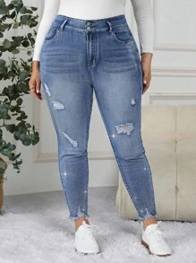 EMERY ROSE EMERY ROSE Jeans casuales ajustados con bolsillos y diamantes de imitación para mujer de talla grande - Azul - Ver 5