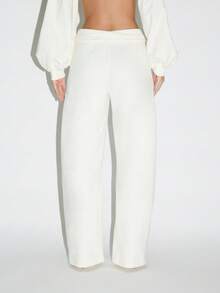 KIZN 前拉链翻折腰带阔腿裤高腰家居服阔腿裤秋冬系列正式休闲裤 - 白色 - 查看 3