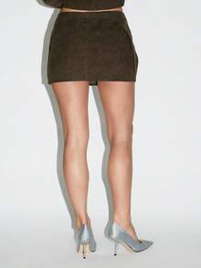 KIZN Suede Mini Skirt With Belt Buckle Detail High Waisted Stretch Club Party Evening Fall Winter Fashion - Brown - View 4