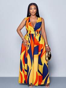 SOLERSUN 女式加大码简约日常全身印花深 V 领无袖长裙（随机印花） - 彩色 - 查看 3