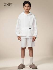 SHEIN Explorewe 2 件套时尚青少年男孩波浪提花长袖连帽衫，带大口袋 + 休闲短裤，适合上学、通勤、度假、正式场合、旅行、户外、春夏季、日常休闲、家庭聚会、秋冬季 - 白色 - 查看 6