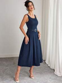 Elenzga 女式方领褶边无袖优雅牛仔连衣裙 - 深色水洗藍 - 查看 4