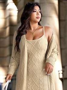 Easura Robe-pull long en tricot torsadé pour femmes grandes tailles, automne/hiver. Cardigan-pull à manches longues, décontracté chic. Convient pour la sortie, les vacances, les fêtes - Kaki - Voir 9