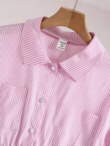 少女条纹衬衫裙，优雅休闲，春秋季 - 粉色 - 查看 5