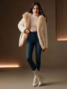 Anewsta 女式纯色仿毛领长袖夹棉大衣 - 米色 - 查看 8