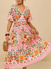 SHEIN VCAY Plus Size Vacation Island Romantic Pink Floral Print V-Neck Cinched Waist Ruched A-Line Long Sleeve Maxi Dress Plus Size Boho Dress Plus Size Vacation Dress Summer Dresses For Women Curve Garden Party Dress Plus Tropical Print Plus Size Dress Fall Dress  Night Out  Going Out Outfits Wedding Guest Dress Women Flowy Animal Print  Boho Chic  Vacation Outfits Holiday Outfits   Urban Coastal Style Country Outfits Old Money Vintage Clothes - Pink - View 1