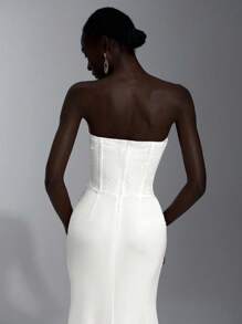 Elitara Elegant Lace Patchwork Satin Bustier With Sheer Bust, Ruched Waist, Cascading Ruffles And Fishtail Hem, Suitable For Vacation, Date, Birthday Party, Wedding, Graduation, Formal Gala, Valentine's Day - White - View 6