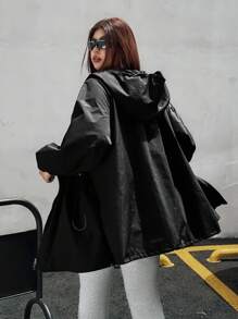 SHEIN EZwear Plus Size Casual Solid Color Drawstring Hooded Wind Jacket, Spring & Autumn - Black - View 2