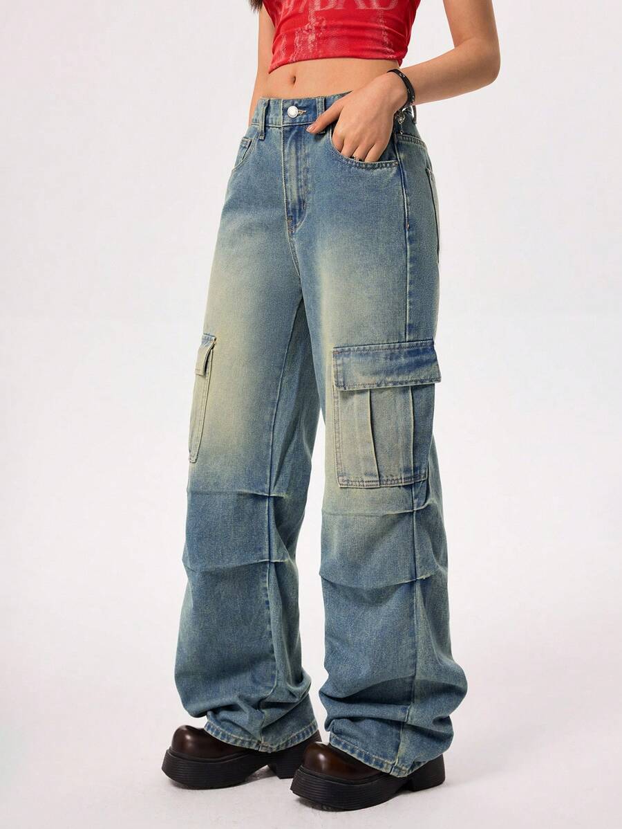 Rivivi 女式工装口袋褶皱阔腿休闲牛仔裤 - 藍色 - 查看 1