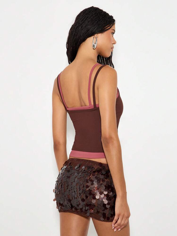 KIZN Double Layer Tank Top With Contrast Trim And Sequin Detail