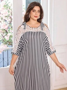 Lacomfia Elegantes Lässig Kleid in Große Größen mit Kontrastspitze, Twist-Schulter und freier Schulter