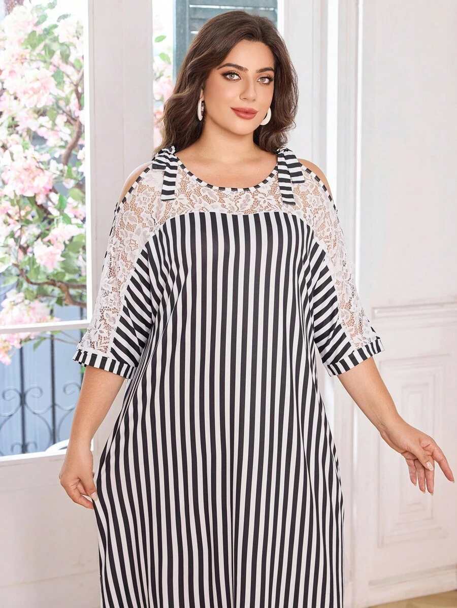 Lacomfia Elegantes Lässig Kleid in Große Größen mit Kontrastspitze, Twist-Schulter und freier Schulter