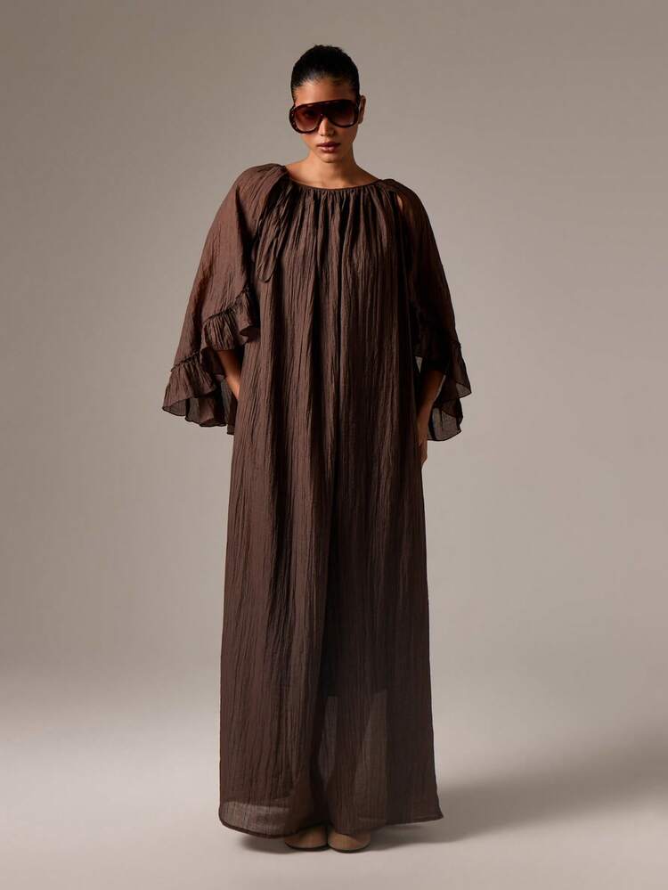 AiiRZ Off Shoulder Flowy Maxi Dress Ruffle Sleeve Gathered Empire Waist Full Length Evening Gown Fall Winter Holiday Party Dress