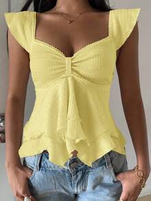 SHEIN EZwear Women's Textured Knit Ruffle Hem Sweetheart Neck Puff Sleeve Elegant T-Shirt, Rave Top Yellow Ruffle Top Babydoll Top Yellow Babydoll Top Cute Yellow Top - Yellow - View 4