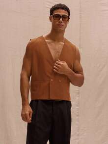 Musero V Neck Cropped Boxy Fit Waistcoat Spring Summer Streetstyle Holiday Vacation - Rust Brown - View 1