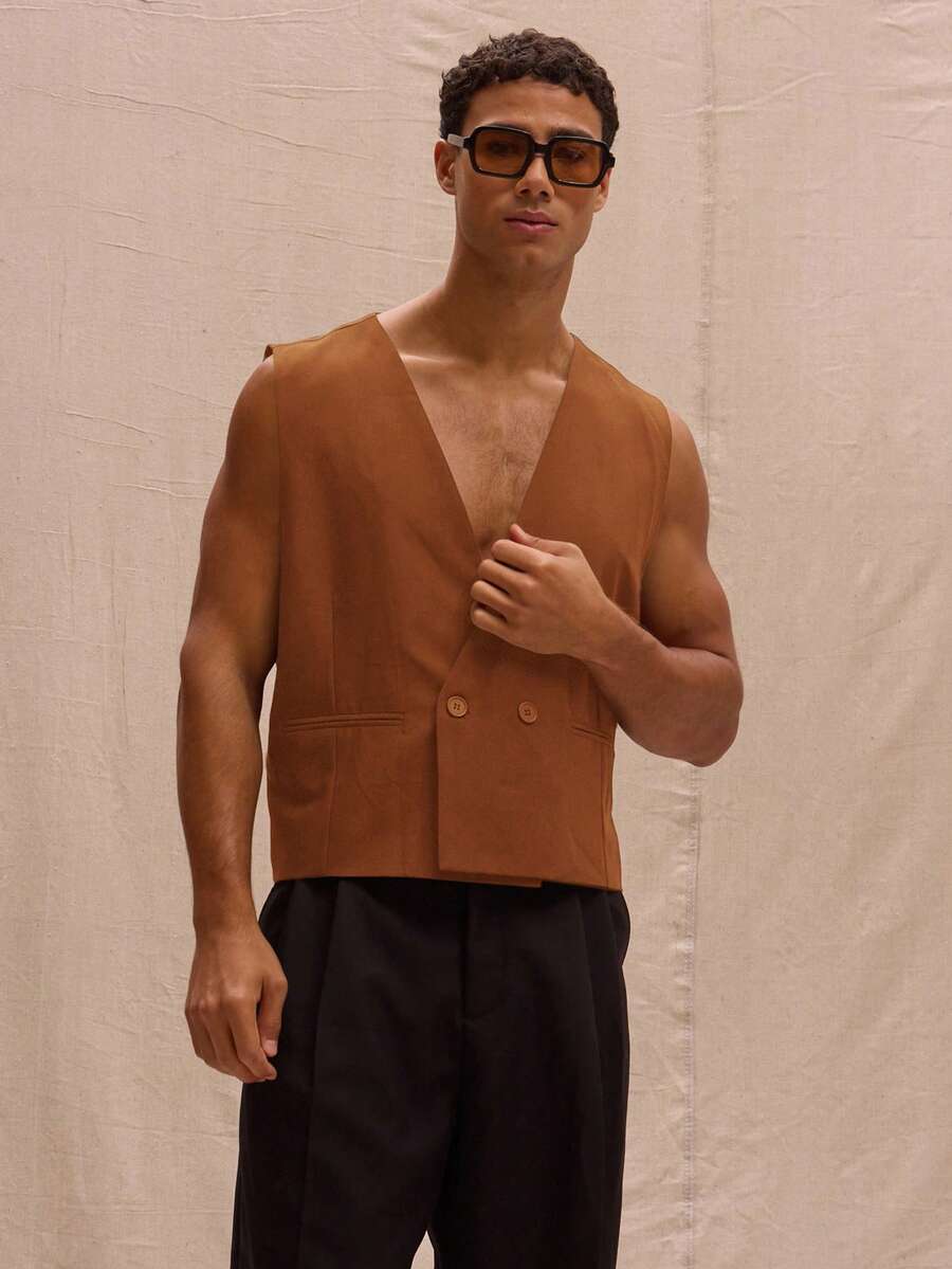 Musero V Neck Cropped Boxy Fit Waistcoat Spring Summer Streetstyle Holiday Vacation - Rust Brown - View 1