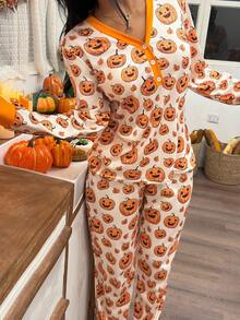 SHEIN 女士万圣节南瓜印花 T 恤和裤子睡衣套装，橙色舒适睡衣套装，秋季服装 - 杏色 - 查看 1