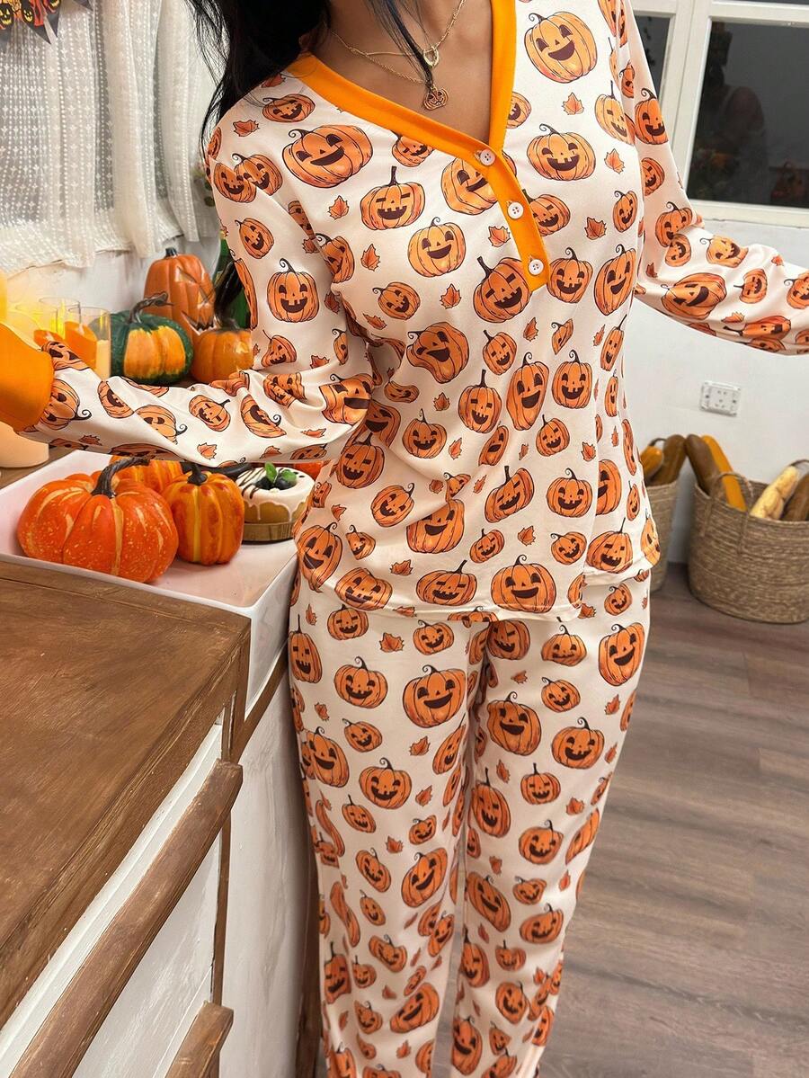 SHEIN 女士万圣节南瓜印花 T 恤和裤子睡衣套装，橙色舒适睡衣套装，秋季服装 - 杏色 - 查看 1
