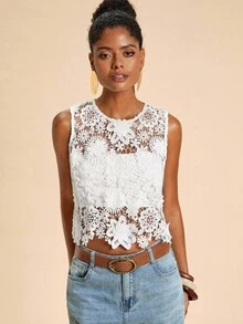 Travachic Vacation Casual Solid Color Hollow Out Lace Camisole White Lace Top Lace Tank Top Crochet Top Floral Lace Top White Crochet Top,Casual Woman Style, Fall Outfits For Women, Chic Autumn,Going Out Outfit,Elegant Outfits,Country Style For Women