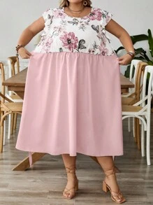 SHEIN CURVE+ Plus Size Women Floral Print Round Neck Cap Sleeve Elegant Dress, Summer Vacation Curve Summer Dresses Plus Size Summer Dresses Floral Print Summer Dress 8xl Dresses Women Summer Dresses