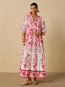 Travachic 大码女式紫红色印花连衣裙，V 领系带腰部短袖宽松波西米亚风连衣裙长裙长款花裙波西米亚风连衣裙刺绣长裙红色花裙秋装婚礼宾客礼服仙女裙女士秋季连衣裙波西米亚风女装粉色套装女士花裙曲线婚礼宾客礼服 - 玫紅色 - 查看 4