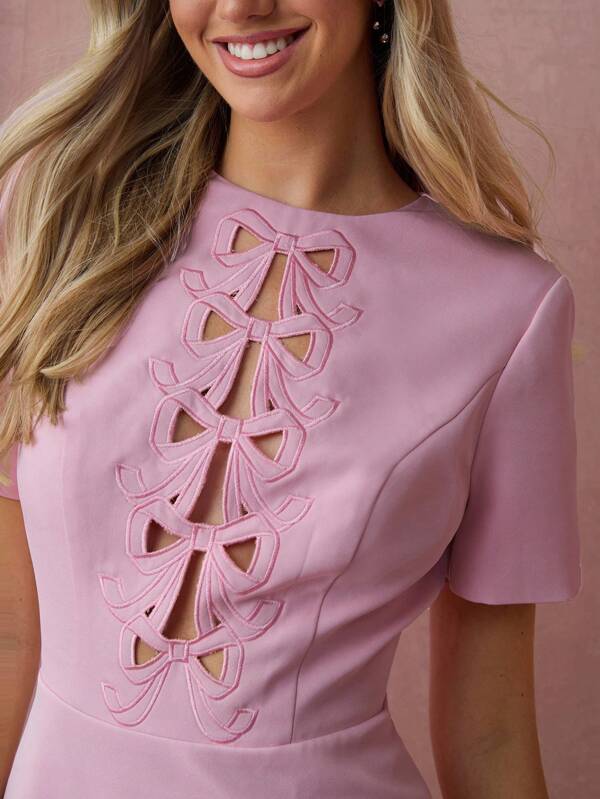 Enchnt Fall/Winter Romantic Women's Pastel Pink Bowknot Hollow-Out Embroidered Short Sleeves Round Neck Mini Dress,Sweet&Elegant For Vacation&Date&Holiday&Graduation&Wedding Guest&Office&Going Out&Halloween&Christmas,Autumn Dresses For Women,Fall Clothes For Women,Autumn Outfits For Women,Back To School