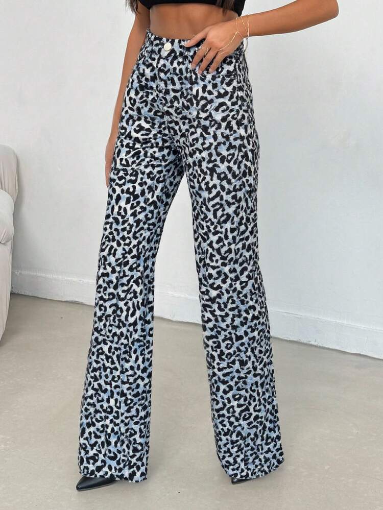 SHEIN Tall 100% 纯棉中腰宽腿豹纹高腰牛仔裤 - 彩色 - 查看 5
