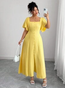 Elenzga 女式加大码纯色荷叶边方领系带长裙 - 黃色 - 查看 4